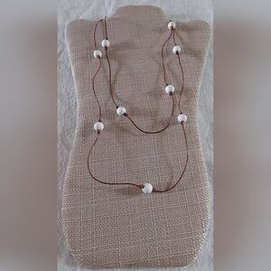 Handmade White Bead And Brown Leather Necklace